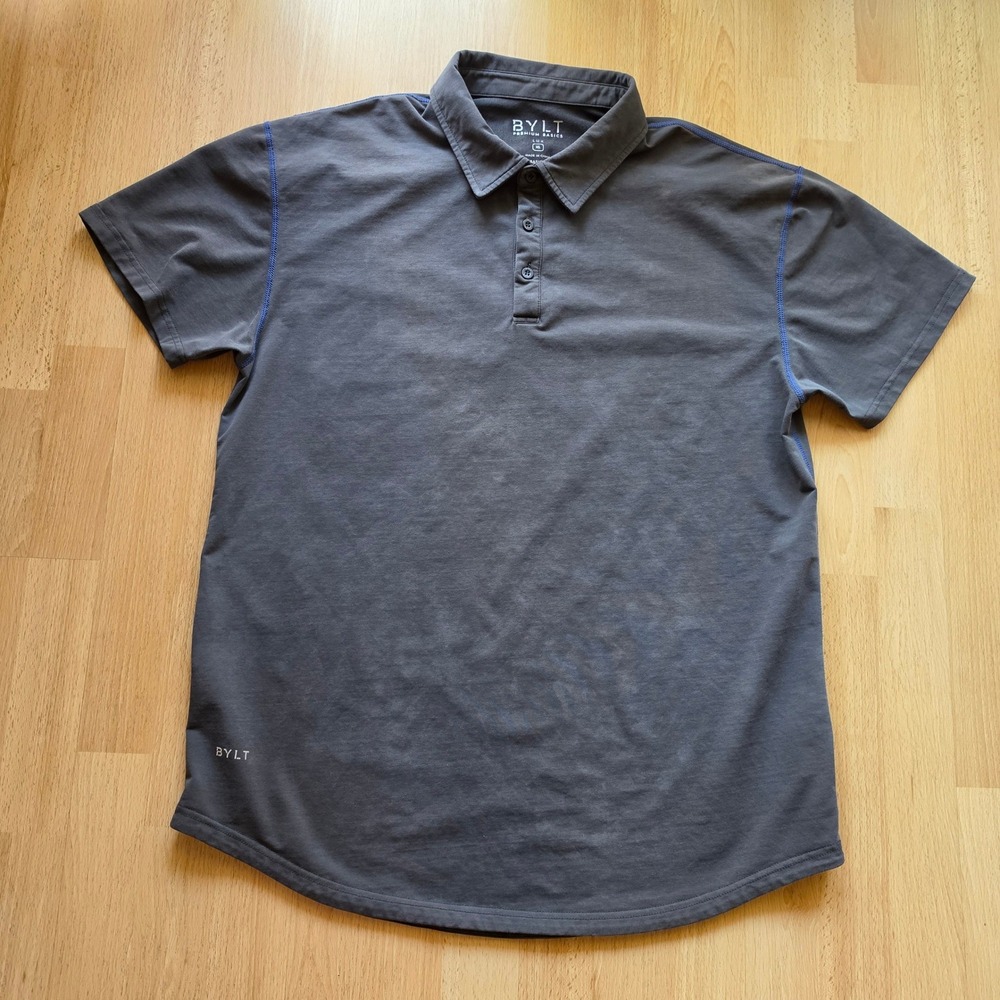 BYLT Polo Shirt Men XL Charcoal Grey Lux Polo Athletic Blue Contrast Stitching